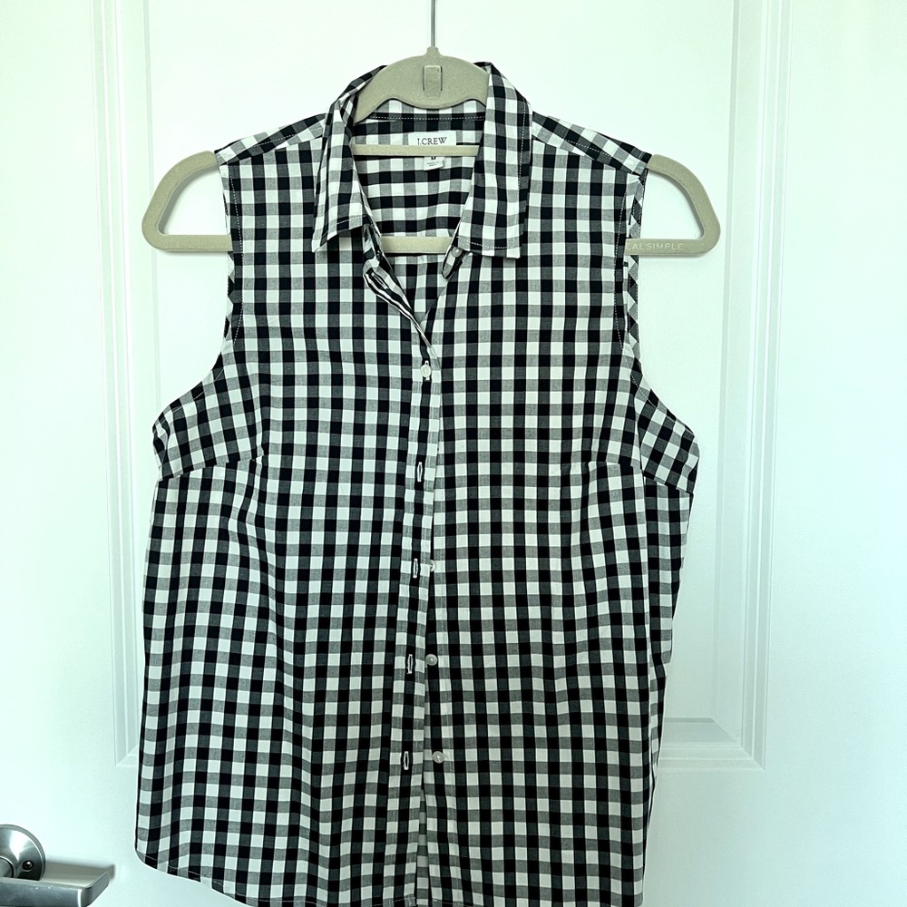 jCrew navy and white gingham blouse